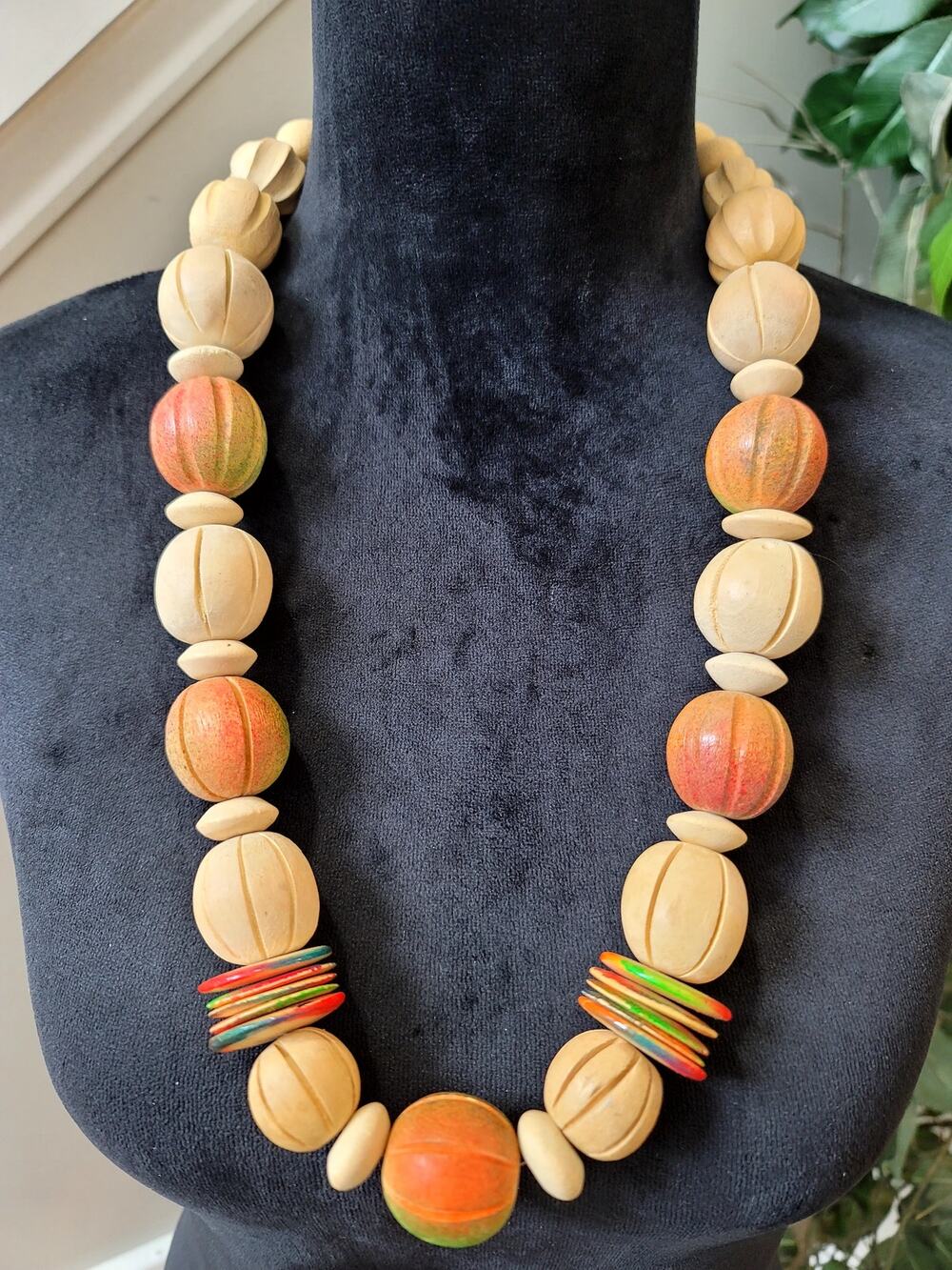 Vintage Handcrafted Wooden Bead Necklace Colorful Disc Accent Tribal Boho Style